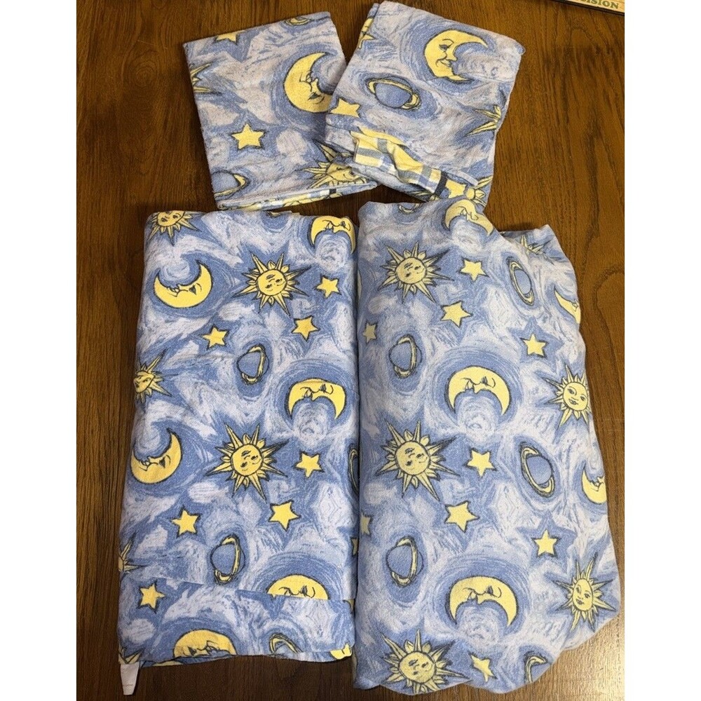 Vtg Celestial All Over Star Sun Moon Fitted Flat Sheets 2 Pillow Cases Twin